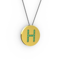 H Baş Harf Kolye - Yeşil kuvars 18 ayar altın kolye (40 cm gümüş rolo zincir) #fw3be3
