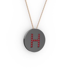 H Baş Harf Kolye - Garnet 925 ayar siyah rodyum kaplama gümüş kolye (40 cm rose altın rolo zincir) #govokb