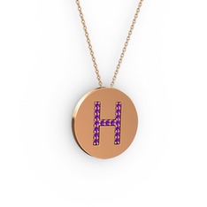 H Baş Harf Kolye - Ametist 14 ayar rose altın kolye (40 cm rose altın rolo zincir) #igzzii