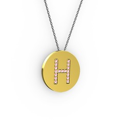 H Baş Harf Kolye - Pembe kuvars 18 ayar altın kolye (40 cm gümüş rolo zincir) #ixbbxq