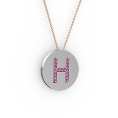 H Baş Harf Kolye - Rodolit garnet 18 ayar beyaz altın kolye (40 cm rose altın rolo zincir) #n2hmfq
