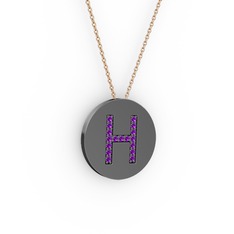 H Baş Harf Kolye - Ametist 925 ayar siyah rodyum kaplama gümüş kolye (40 cm rose altın rolo zincir) #p9lduz