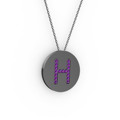 H Baş Harf Kolye - Ametist 925 ayar siyah rodyum kaplama gümüş kolye (40 cm gümüş rolo zincir) #pmsho2