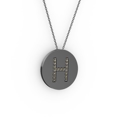 H Baş Harf Kolye - Dumanlı kuvars 925 ayar siyah rodyum kaplama gümüş kolye (40 cm gümüş rolo zincir) #r1cs84