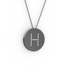 H Baş Harf Kolye - Pırlanta 925 ayar siyah rodyum kaplama gümüş kolye (0.1496 karat, 40 cm gümüş rolo zincir) #sz7bxf