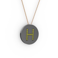 H Baş Harf Kolye - Peridot 925 ayar siyah rodyum kaplama gümüş kolye (40 cm rose altın rolo zincir) #txqis8