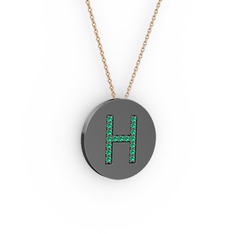 H Baş Harf Kolye - Yeşil kuvars 925 ayar siyah rodyum kaplama gümüş kolye (40 cm rose altın rolo zincir) #xwi2x0