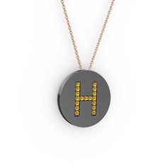 H Baş Harf Kolye - Sitrin 925 ayar siyah rodyum kaplama gümüş kolye (40 cm gümüş rolo zincir) #yjpchr