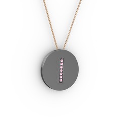 I Baş Harf Kolye - Pembe kuvars 925 ayar siyah rodyum kaplama gümüş kolye (40 cm gümüş rolo zincir) #sq215x
