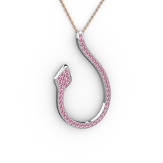 Pembe kuvars 14 ayar beyaz altın kolye (40 cm rose altın rolo zincir)