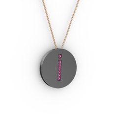 İ Baş Harf Kolye - Rodolit garnet 925 ayar siyah rodyum kaplama gümüş kolye (40 cm rose altın rolo zincir) #r6scoo