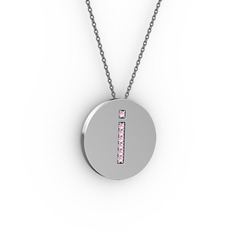 İ Baş Harf Kolye - Pembe kuvars 18 ayar beyaz altın kolye (40 cm gümüş rolo zincir) #t3osy2