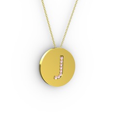 J Baş Harf Kolye - Pembe kuvars 18 ayar altın kolye (40 cm altın rolo zincir) #10pwqto