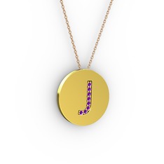 J Baş Harf Kolye - Ametist 8 ayar altın kolye (40 cm rose altın rolo zincir) #11855n6