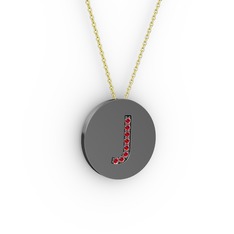 J Baş Harf Kolye - Garnet 925 ayar siyah rodyum kaplama gümüş kolye (40 cm altın rolo zincir) #13nx9xn