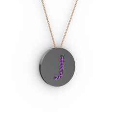 J Baş Harf Kolye - Ametist 925 ayar siyah rodyum kaplama gümüş kolye (40 cm rose altın rolo zincir) #1fzwdwu