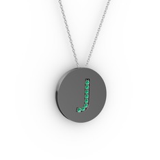 J Baş Harf Kolye - Yeşil kuvars 925 ayar siyah rodyum kaplama gümüş kolye (40 cm beyaz altın rolo zincir) #1hv1jyy
