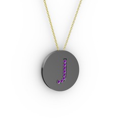 J Baş Harf Kolye - Ametist 925 ayar siyah rodyum kaplama gümüş kolye (40 cm altın rolo zincir) #8b661a