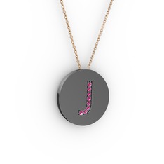 J Baş Harf Kolye - Rodolit garnet 925 ayar siyah rodyum kaplama gümüş kolye (40 cm rose altın rolo zincir) #f4wqpl