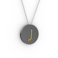 J Baş Harf Kolye - Sitrin 925 ayar siyah rodyum kaplama gümüş kolye (40 cm beyaz altın rolo zincir) #fbd9dw