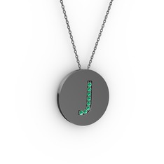 J Baş Harf Kolye - Yeşil kuvars 925 ayar siyah rodyum kaplama gümüş kolye (40 cm gümüş rolo zincir) #p9v6jk