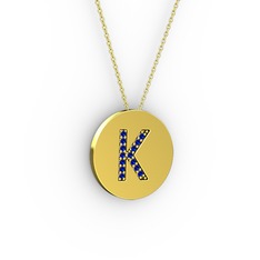 K Baş Harf Kolye - Lab safir 925 ayar altın kaplama gümüş kolye (40 cm gümüş rolo zincir) #12ofc66