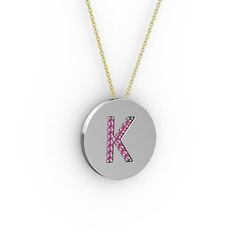 K Baş Harf Kolye - Rodolit garnet 8 ayar beyaz altın kolye (40 cm gümüş rolo zincir) #14vuaxx