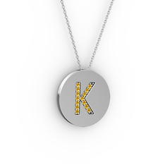 K Baş Harf Kolye - Sitrin 8 ayar beyaz altın kolye (40 cm beyaz altın rolo zincir) #16dspc2