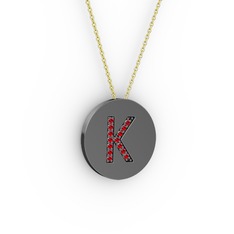 K Baş Harf Kolye - Garnet 925 ayar siyah rodyum kaplama gümüş kolye (40 cm altın rolo zincir) #1alfb3p