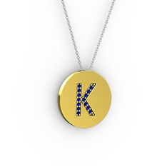 K Baş Harf Kolye - Lab safir 925 ayar altın kaplama gümüş kolye (40 cm beyaz altın rolo zincir) #1bgdhqv