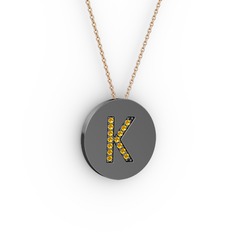 K Baş Harf Kolye - Sitrin 925 ayar siyah rodyum kaplama gümüş kolye (40 cm gümüş rolo zincir) #1c3c5jp