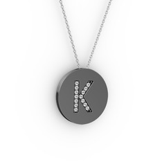 K Baş Harf Kolye - Pırlanta 925 ayar siyah rodyum kaplama gümüş kolye (0.1232 karat, 40 cm gümüş rolo zincir) #1ce0shm