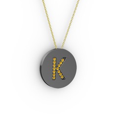 K Baş Harf Kolye - Sitrin 925 ayar siyah rodyum kaplama gümüş kolye (40 cm gümüş rolo zincir) #1frppba