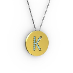 K Baş Harf Kolye - Akuamarin 925 ayar altın kaplama gümüş kolye (40 cm gümüş rolo zincir) #1ifdh52