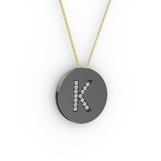 K Baş Harf Kolye - Pırlanta 925 ayar siyah rodyum kaplama gümüş kolye (0.1232 karat, 40 cm gümüş rolo zincir) #1obcecs