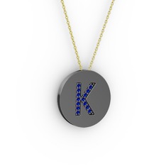 K Baş Harf Kolye - Lab safir 925 ayar siyah rodyum kaplama gümüş kolye (40 cm altın rolo zincir) #1umohza