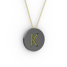 K Baş Harf Kolye - Peridot 925 ayar siyah rodyum kaplama gümüş kolye (40 cm altın rolo zincir) #1un0pyu