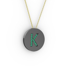 K Baş Harf Kolye - Yeşil kuvars 925 ayar siyah rodyum kaplama gümüş kolye (40 cm altın rolo zincir) #1y3r9l3