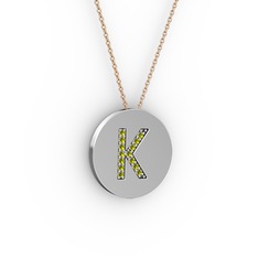 K Baş Harf Kolye - Peridot 14 ayar beyaz altın kolye (40 cm gümüş rolo zincir) #5kt33l