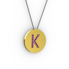 K Baş Harf Kolye - Ametist 18 ayar altın kolye (40 cm gümüş rolo zincir) #5vdlkt