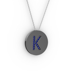 K Baş Harf Kolye - Lab safir 925 ayar siyah rodyum kaplama gümüş kolye (40 cm gümüş rolo zincir) #5wwuza