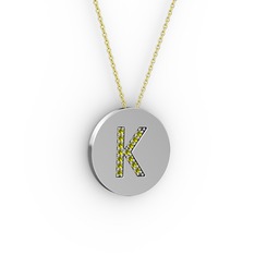 K Baş Harf Kolye - Peridot 18 ayar beyaz altın kolye (40 cm altın rolo zincir) #60n6u3