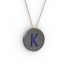 K Baş Harf Kolye - Lab safir 925 ayar siyah rodyum kaplama gümüş kolye (40 cm rose altın rolo zincir) #8dgc2y