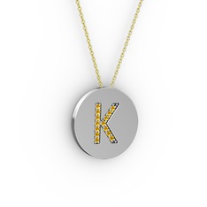 K Baş Harf Kolye - Sitrin 18 ayar beyaz altın kolye (40 cm altın rolo zincir) #9r9dg