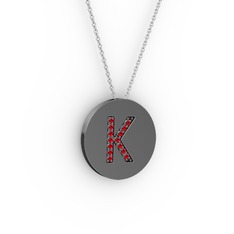 K Baş Harf Kolye - Garnet 925 ayar siyah rodyum kaplama gümüş kolye (40 cm beyaz altın rolo zincir) #g34fnc