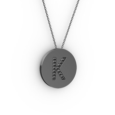 K Baş Harf Kolye - Siyah zirkon 925 ayar siyah rodyum kaplama gümüş kolye (40 cm gümüş rolo zincir) #h0e044