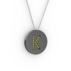 K Baş Harf Kolye - Peridot 925 ayar siyah rodyum kaplama gümüş kolye (40 cm beyaz altın rolo zincir) #surtha