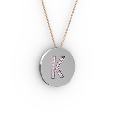K Baş Harf Kolye - Pembe kuvars 18 ayar beyaz altın kolye (40 cm rose altın rolo zincir) #uu95ko
