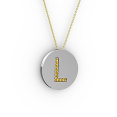L Baş Harf Kolye - Sitrin 8 ayar beyaz altın kolye (40 cm altın rolo zincir) #10i5nyi
