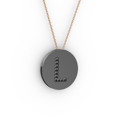 L Baş Harf Kolye - Siyah zirkon 925 ayar siyah rodyum kaplama gümüş kolye (40 cm rose altın rolo zincir) #10iprms